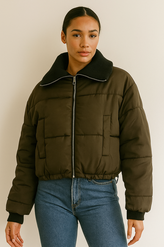 Cropped Puffer Jacket (Khaki)